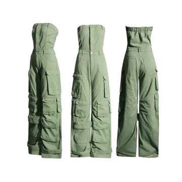 Tbahhir Women's Sexy Strapless Cargo Denim Jumpsuit with Multi Pockets Loose Baggy Wide Leg Jeans Romper