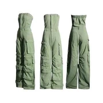 Tbahhir Women's Sexy Strapless Cargo Denim Jumpsuit with Multi Pockets Loose Baggy Wide Leg Jeans Romper