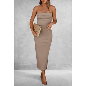 PRETTYGARDEN Women's Summer Bodycon Maxi Tube Dress Ribbed Strapless Side Slit Long Going Out Casual Elegant Party Dresses (Khaki,Medium)