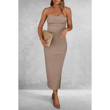 PRETTYGARDEN Women's Summer Bodycon Maxi Tube Dress Ribbed Strapless Side Slit Long Going Out Casual Elegant Party Dresses (Khaki,Medium)