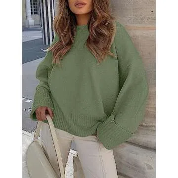 ANRABESS Women's Oversized Crewneck Long Sleeve Fuzzy Knit Casual Chunky Warm 2025 Fall Pullover Sweaters Top Trendy Outfits Army Green Small