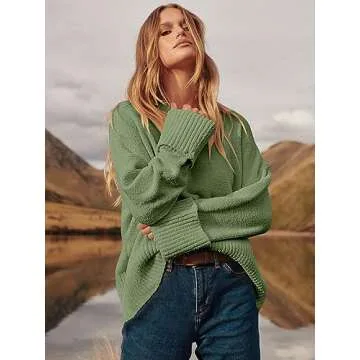 ANRABESS Women's Oversized Crewneck Long Sleeve Fuzzy Knit Casual Chunky Warm 2025 Fall Pullover Sweaters Top Trendy Outfits Army Green Small