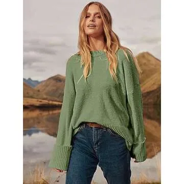 ANRABESS Women's Oversized Crewneck Long Sleeve Fuzzy Knit Casual Chunky Warm 2025 Fall Pullover Sweaters Top Trendy Outfits Army Green Small