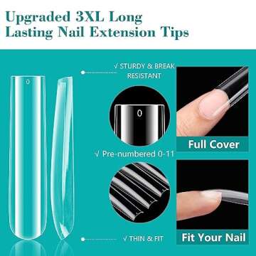 LIONVISON 3XL Clear Full Cover Nail Tips for Acrylic Nails Professional, 240PCS Extra Long Tapered S...