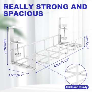 Under Desk Cable Management Tray, 15.7'' White No Drill Steel Desk Cable Organizers, Wire Management Tray Cable Management Rack, Desk Cable Tray with Wire Organizer White（1pack