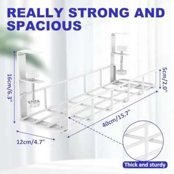 Under Desk Cable Management Tray, 15.7'' White No Drill Steel Desk Cable Organizers, Wire Management Tray Cable Management Rack, Desk Cable Tray with Wire Organizer White（1pack