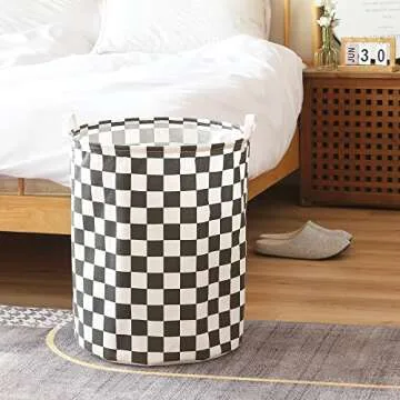 Sea Team 19.7 Inches Large Sized Waterproof Coating Ramie Cotton Fabric Folding Laundry Hamper Bucket Cylindric Burlap Canvas Storage Basket with Stylish Grid Black Design