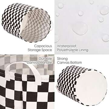 Sea Team 19.7 Inches Large Sized Waterproof Coating Ramie Cotton Fabric Folding Laundry Hamper Bucket Cylindric Burlap Canvas Storage Basket with Stylish Grid Black Design