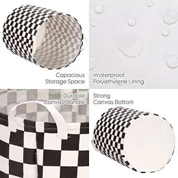 Sea Team 19.7 Inches Large Sized Waterproof Coating Ramie Cotton Fabric Folding Laundry Hamper Bucket Cylindric Burlap Canvas Storage Basket with Stylish Grid Black Design