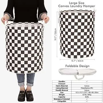 Sea Team 19.7 Inches Large Sized Waterproof Coating Ramie Cotton Fabric Folding Laundry Hamper Bucket Cylindric Burlap Canvas Storage Basket with Stylish Grid Black Design