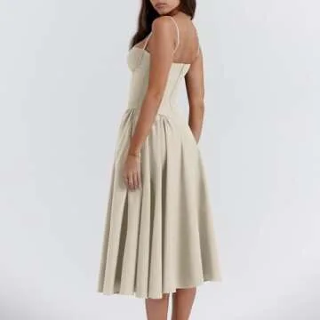 Floral Corset Dress for Women Elegant Spaghetti Strap Bustier Midi Dress Flowy Pleated Hem Low Cut Tank Dress with Pockets Spring Y2k Boho Party Dresses Summer Square Neck Mother of The Bride Dresses