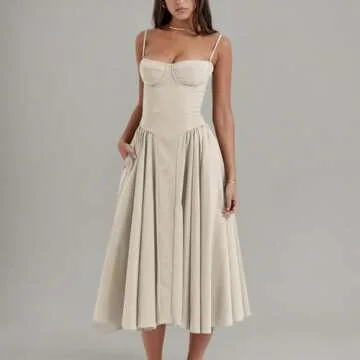 Floral Corset Dress for Women Elegant Spaghetti Strap Bustier Midi Dress Flowy Pleated Hem Low Cut Tank Dress with Pockets Spring Y2k Boho Party Dresses Summer Square Neck Mother of The Bride Dresses