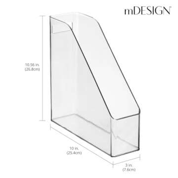 mDesign Plastic Slim Vertical File Folder Storage Organizer Bin with Handle, Hold Notebooks, Binders, Envelopes, Magazines for Home Office, Work Desktops, Ligne Collection, 8 Pack, Clear