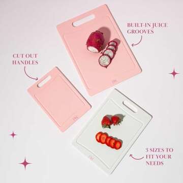 Paris Hilton Cutting Boards, Dual-Sided Cutting Board Set with Built-in Juice Grooves, Easy-Grip Handles, Heavy-Duty Plastic Made without BPA, Dishwasher Safe, 3-Piece Set, Pink and Cream