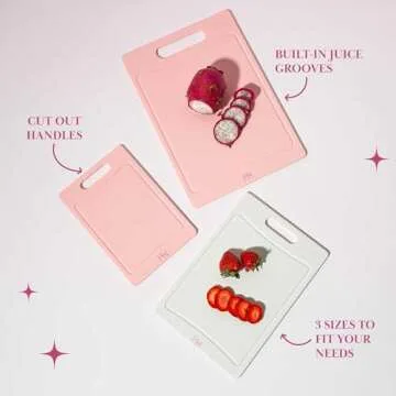 Paris Hilton Cutting Boards, Dual-Sided Cutting Board Set with Built-in Juice Grooves, Easy-Grip Handles, Heavy-Duty Plastic Made without BPA, Dishwasher Safe, 3-Piece Set, Pink and Cream