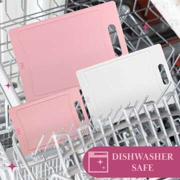 Paris Hilton Cutting Boards, Dual-Sided Cutting Board Set with Built-in Juice Grooves, Easy-Grip Handles, Heavy-Duty Plastic Made without BPA, Dishwasher Safe, 3-Piece Set, Pink and Cream