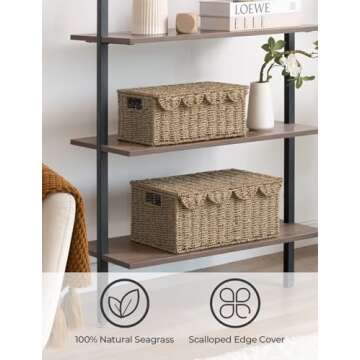 StorageWorks Scalloped Edge Wicker Basket with lid, Wicker Storage Basket with Built-in Handles, Handwoven Basket for Décor, Natural Seagrass Wicker Basket for Shelves, Nursery Room