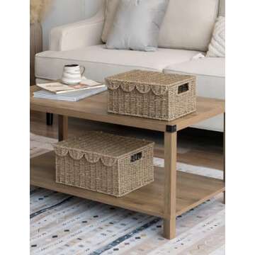 StorageWorks Scalloped Edge Wicker Basket with lid, Wicker Storage Basket with Built-in Handles, Handwoven Basket for Décor, Natural Seagrass Wicker Basket for Shelves, Nursery Room