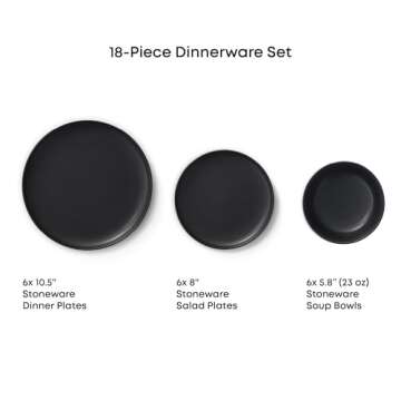 JoyJolt Mesa Stoneware Dinnerware Set, 18-Piece Plates and Bowls Sets, Includes Dinner Plates Salad Plates and Cereal and Soup Bowls, Modern Farmhouse Matte Black Dish Set for 6