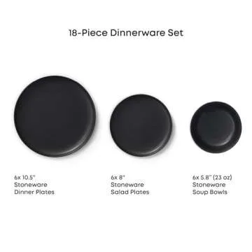 JoyJolt Mesa Stoneware Dinnerware Set, 18-Piece Plates and Bowls Sets, Includes Dinner Plates Salad Plates and Cereal and Soup Bowls, Modern Farmhouse Matte Black Dish Set for 6