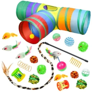 Malier Interactive Cat Tunnel Toys Set With Feather Toy, Crinkle Balls, and 3-Way Tube - Great for K...