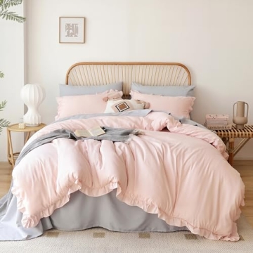 JANZAA Bedding Set, Blush Ruffle 3PCS (1 Comforter Set and 2 Pillow Covers) All Season, Shabby Chic,...