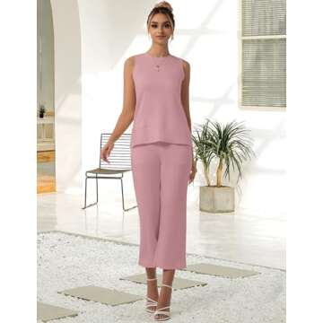 FKEEP Two Piece Sets for Women Summer Outfits Crewneck Top and Straight Pants Tracksuits for Casual Travel Wear Sweatsuits (Pink, L)
