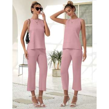 FKEEP Two Piece Sets for Women Summer Outfits Crewneck Top and Straight Pants Tracksuits for Casual Travel Wear Sweatsuits (Pink, L)