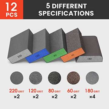 YOUNGTEC 12 Pack Sanding Sponge, Coarse & Fine Sanding Sponges in 60/80/120/180/220 Grit Assortment ...