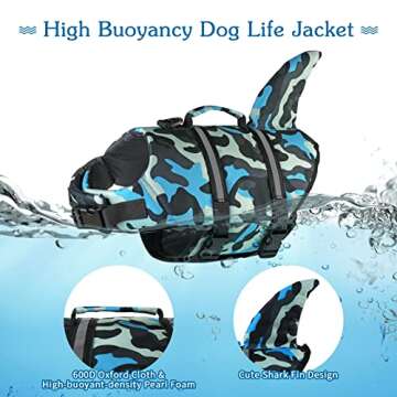 Dogcheer Dog Life Jacket Shark, Ripstop Dog Life Vest for Swimming Boating with Reflective Stripes & Rescue Handle, High Buoyancy Pet PFD Swim Vest for Small Medium Large Dogs(Camo Blue, M)