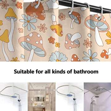 Lovetar Retro 70s 60s Hippie Mushroom Shower Curtain Funky Vintage Cute Flower Boho Floral Washable Waterproof Fabric Bath Curtains Set for Bathroom Decor Art with 12 Hooks - 72x72 Inch