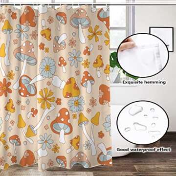 Lovetar Retro 70s 60s Hippie Mushroom Shower Curtain Funky Vintage Cute Flower Boho Floral Washable Waterproof Fabric Bath Curtains Set for Bathroom Decor Art with 12 Hooks - 72x72 Inch