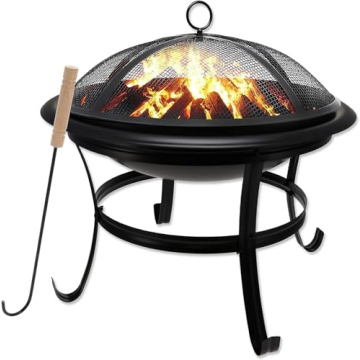 Gas One 22 in Outdoor Wood Burning Fire Pit with Mesh Lid and Fire Picker – Durable Alloy Steel Fi...
