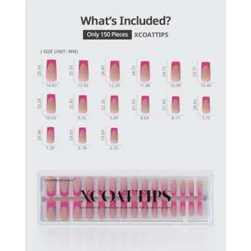BTArtboxnails XCOATTIPS Pink French Tip Press On Nails - Long Press On Nails Square, Soft Gel Nail Tips, 150Pcs Soak Off Acrylic Brown Fake Nail Extension in 15 Sizes
