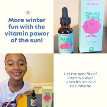 JoySpring Vitamin D3 Kids Drops with K2 – Liquid Supplement for Calcium Absorption & Joint Health – 180 Servings (1 fl oz) – Vitamin D Kids Ages 3-18