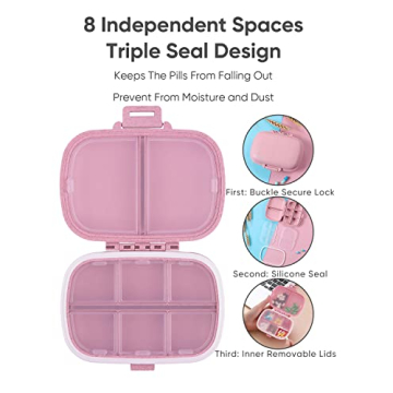 Holii Travel Pill Organizer 8 Compartments Portable Pill Case Pink