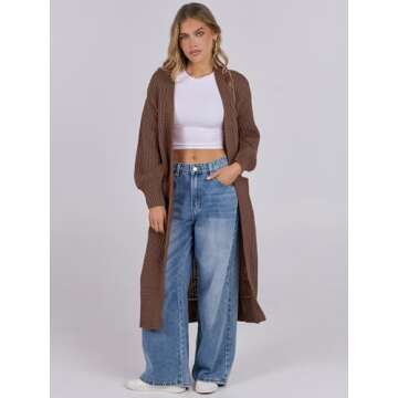 Caracilia Women Cardigan Sweaters Long Sleeve Open Front Knit Long Coat Duster Cozy 2024 Fall Winter Outfits with Pockes Coffee X-Large