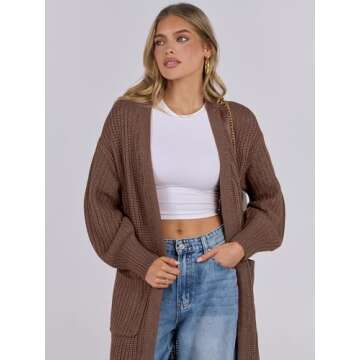 Caracilia Women Cardigan Sweaters Long Sleeve Open Front Knit Long Coat Duster Cozy 2024 Fall Winter Outfits with Pockes Coffee X-Large