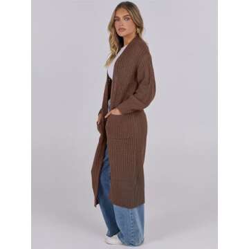 Caracilia Women Cardigan Sweaters Long Sleeve Open Front Knit Long Coat Duster Cozy 2024 Fall Winter Outfits with Pockes Coffee X-Large