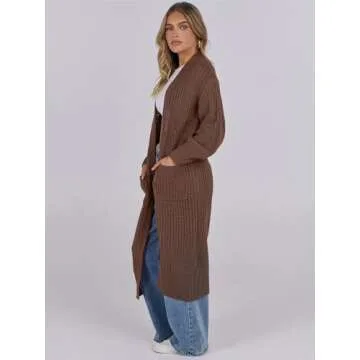 Caracilia Women Cardigan Sweaters Long Sleeve Open Front Knit Long Coat Duster Cozy 2024 Fall Winter Outfits with Pockes Coffee X-Large