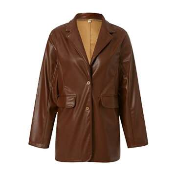 Kaipiclos Women Leather Jacket Oversized Lapel Button Front PU Faux Blazer Shacket Jackets Fall Winter Trench Coat (Leather Brown , L )
