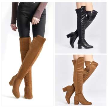 EETTARO Women's Over The Knee Boot Thigh High Block Heel Stretch Boots Fashion Side Zip Almond Toe W...