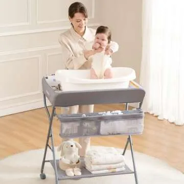 Baby Changing Table with Wheels, Maydolly Portable Adjustable Height Folding Diaper Station with Nursery Organizer & Storage Rack for Newborn Baby and Infant (Light Grey)