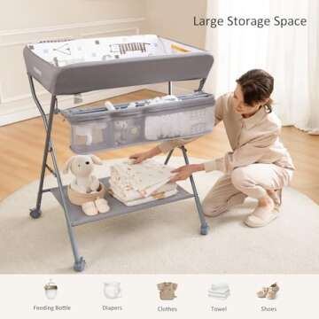 Baby Changing Table with Wheels, Maydolly Portable Adjustable Height Folding Diaper Station with Nursery Organizer & Storage Rack for Newborn Baby and Infant (Light Grey)