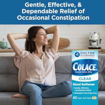 Colace Clear Stool Softener Soft Gel Capsules Constipation Relief 50mg Docusate Sodium Doctor Recommended 42ct