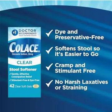 Colace Clear Stool Softener Soft Gel Capsules Constipation Relief 50mg Docusate Sodium Doctor Recommended 42ct