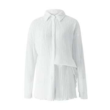 NUFIWI Women 2 Piece Pleated Pants Set Long Sleeve Button Down Shirt Blouse Top Wide Leg Pants Outfits Y2K Fashion Streetwear(Ruffle Light White,Medium)