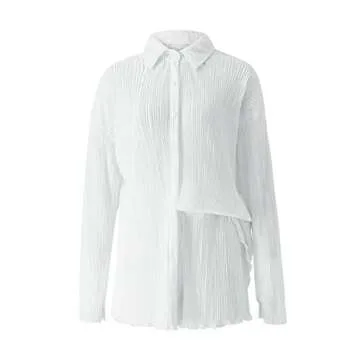 NUFIWI Women 2 Piece Pleated Pants Set Long Sleeve Button Down Shirt Blouse Top Wide Leg Pants Outfits Y2K Fashion Streetwear(Ruffle Light White,Medium)