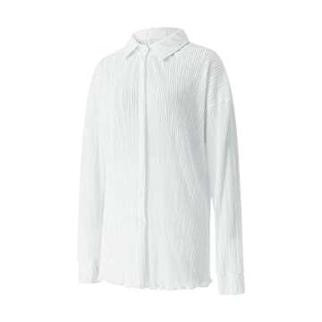 NUFIWI Women 2 Piece Pleated Pants Set Long Sleeve Button Down Shirt Blouse Top Wide Leg Pants Outfits Y2K Fashion Streetwear(Ruffle Light White,Medium)