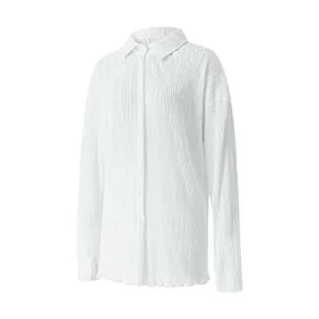 NUFIWI Women 2 Piece Pleated Pants Set Long Sleeve Button Down Shirt Blouse Top Wide Leg Pants Outfits Y2K Fashion Streetwear(Ruffle Light White,Medium)